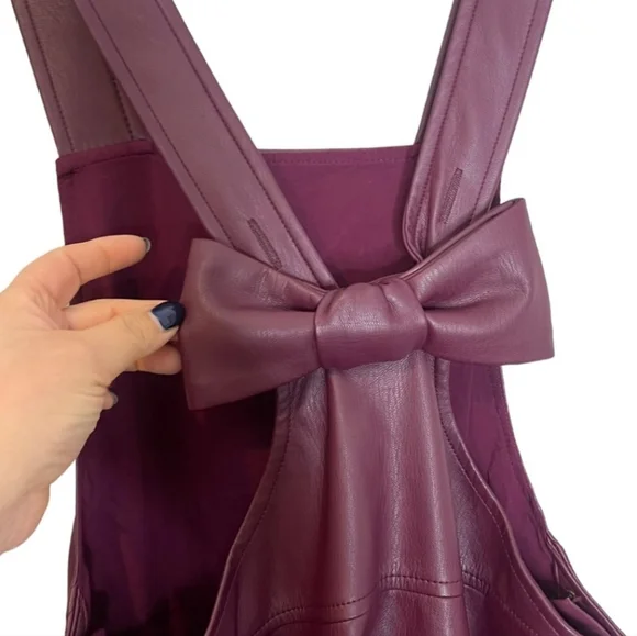 Anthropologie Maeve Faux Leather Pinafore Dress Plum Side Buttons Back Bow Sz XS - Picture 12 of 16